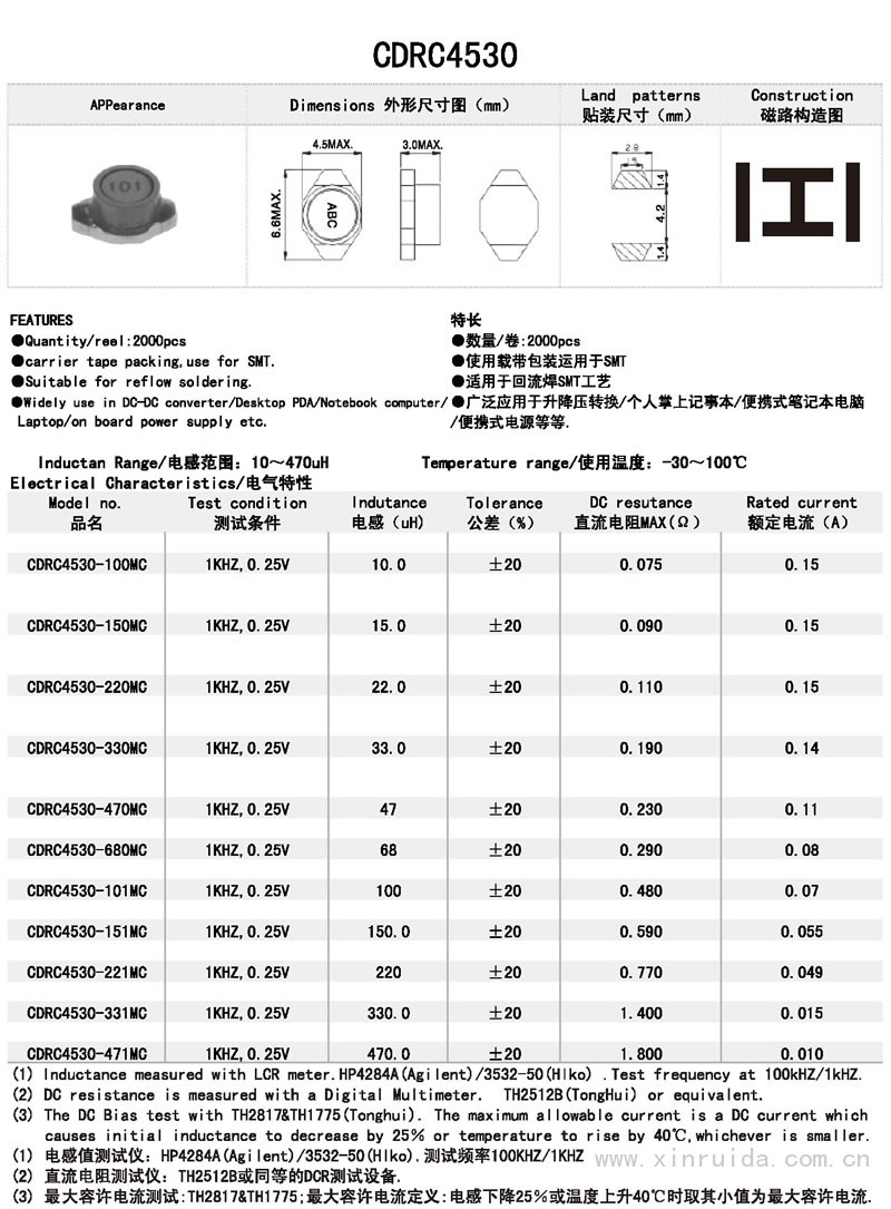 芯瑞達(dá)電子,CDRC4530電感,貼片電感,功率電感,繞線電感